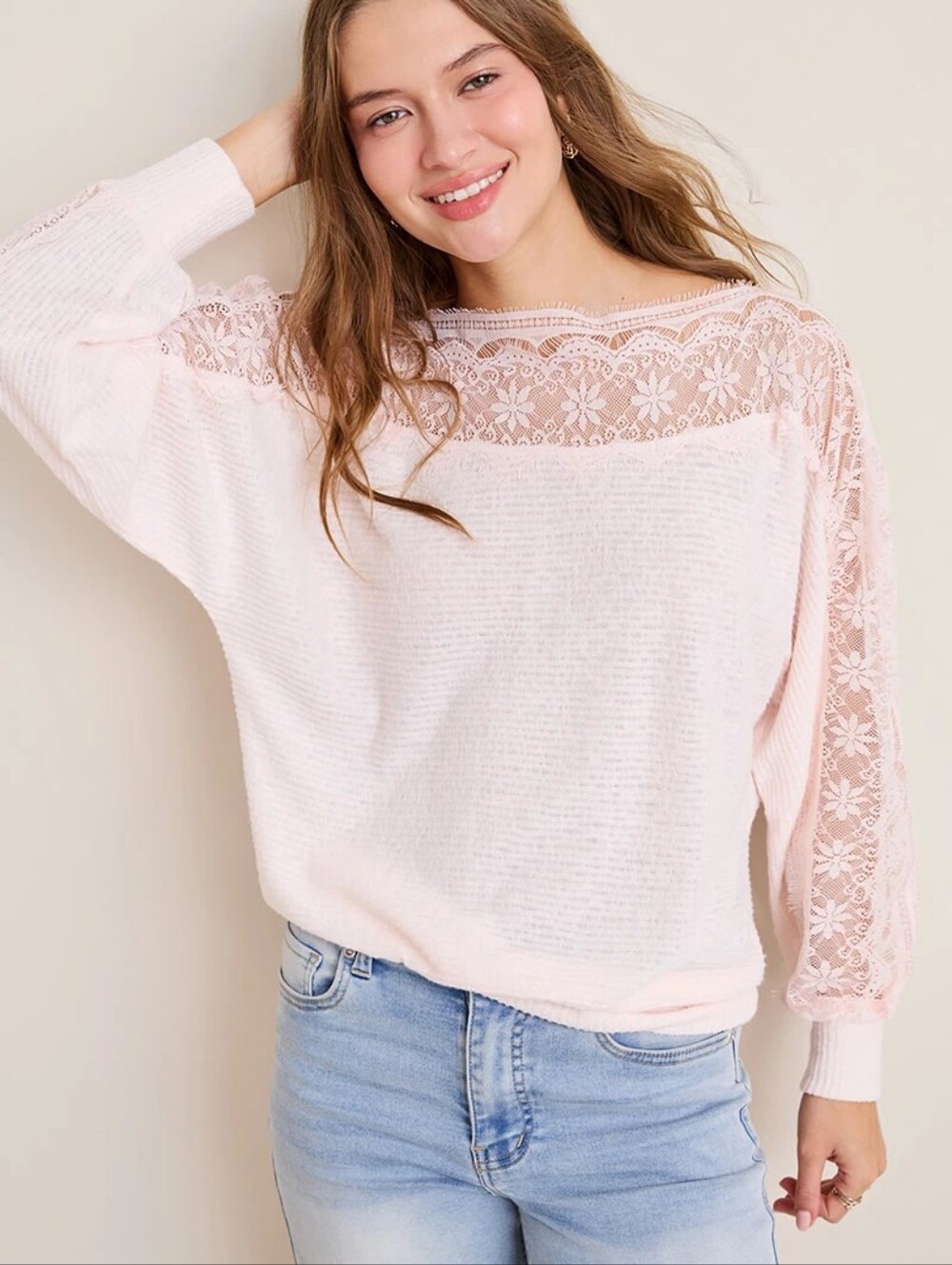 Francesca's Collections Blush Lace-Trim Top